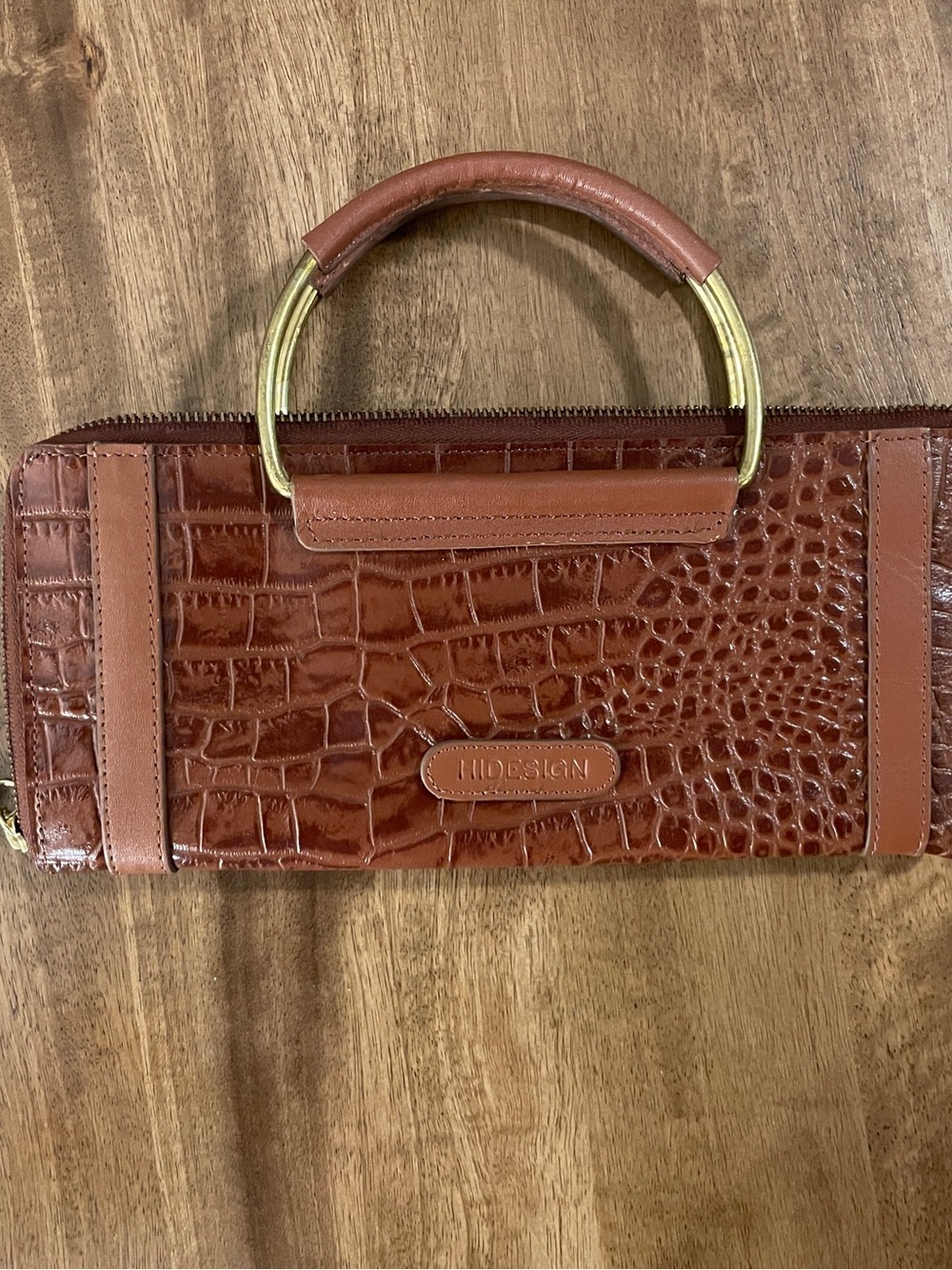 Hidesign Brown Croc-Embossed Leather Wallet Clutch